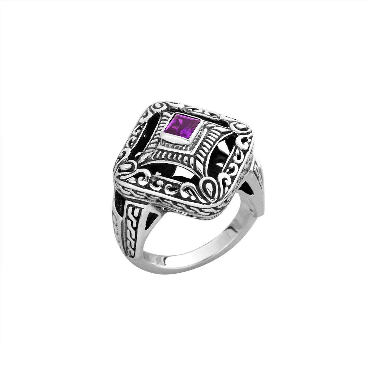 Balinese silver cushion shape ring with Amethyst Quartz center