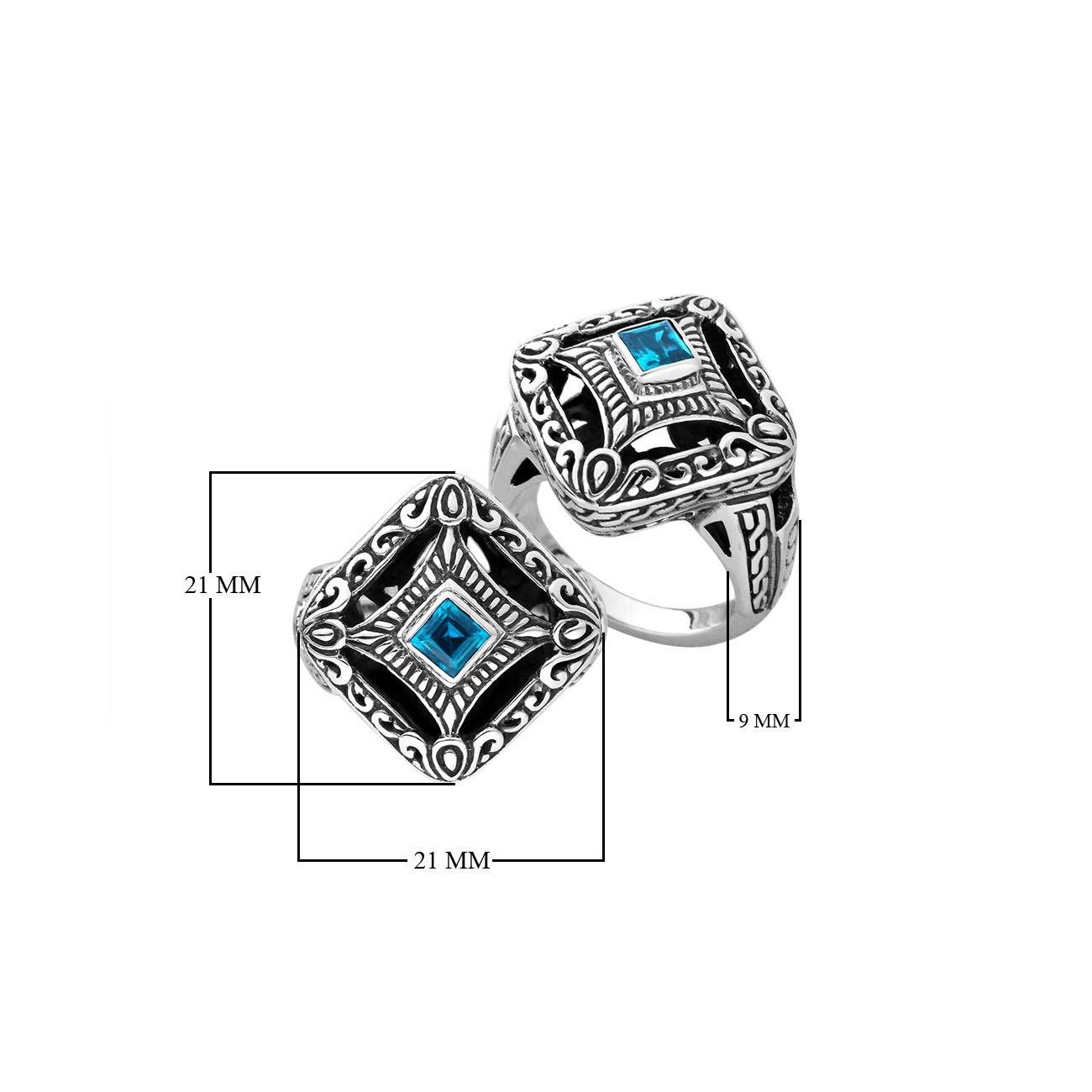 Balinese silver cushion shape ring with Blue Topaz Quartz centerpiece