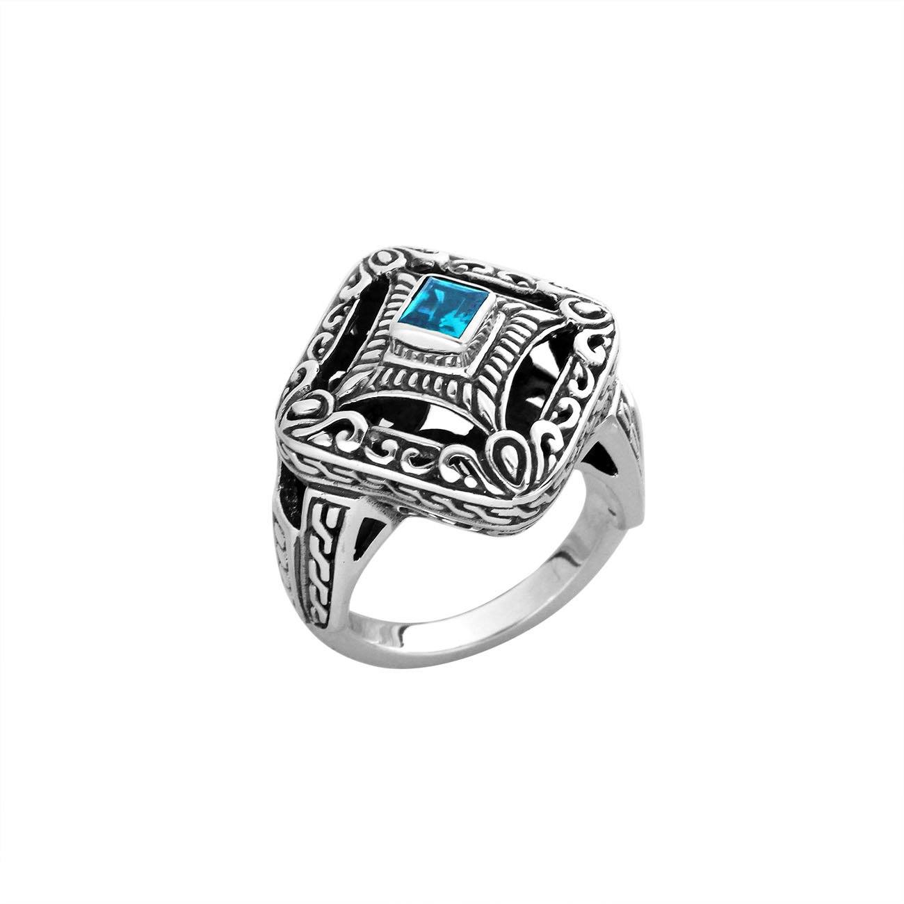 Balinese silver cushion shape ring with Blue Topaz Quartz centerpiece