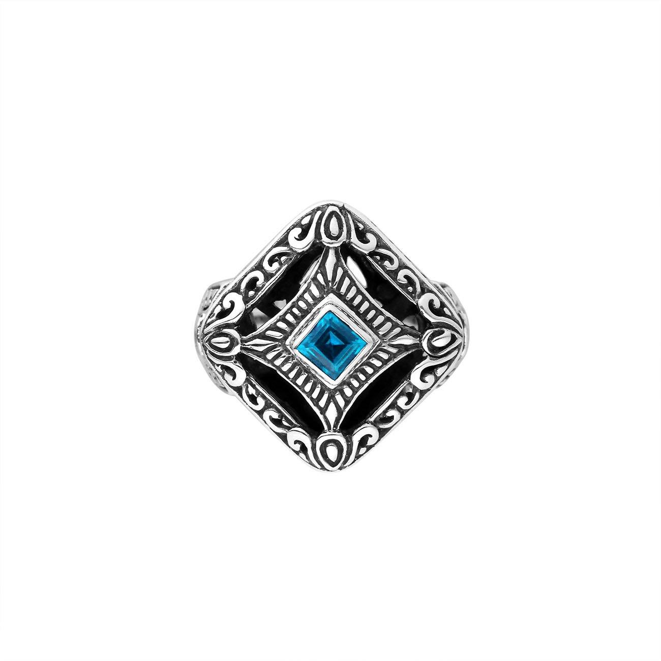 Balinese silver cushion shape ring with Blue Topaz Quartz centerpiece