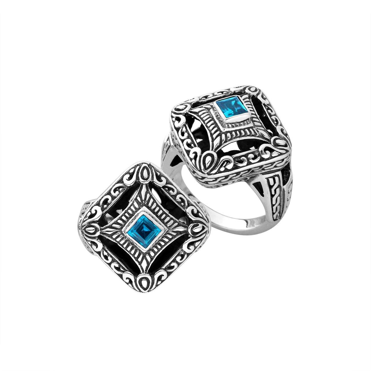 Balinese silver cushion shape ring with Blue Topaz Quartz centerpiece