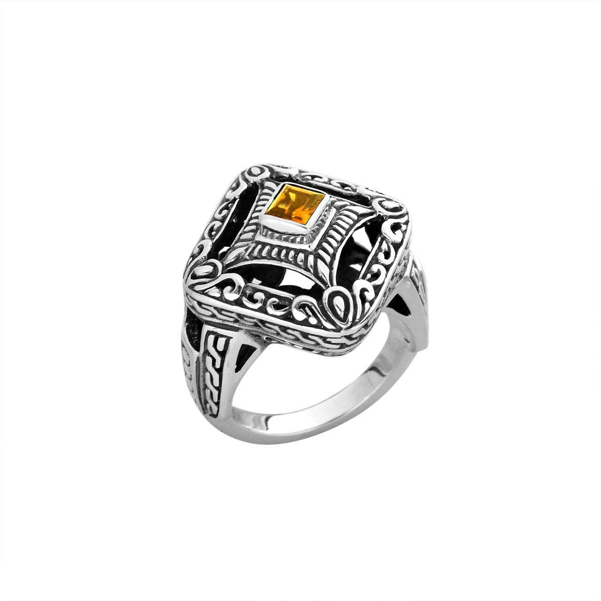 Balinese silver square face ring with Citrine Quartz centerpiece