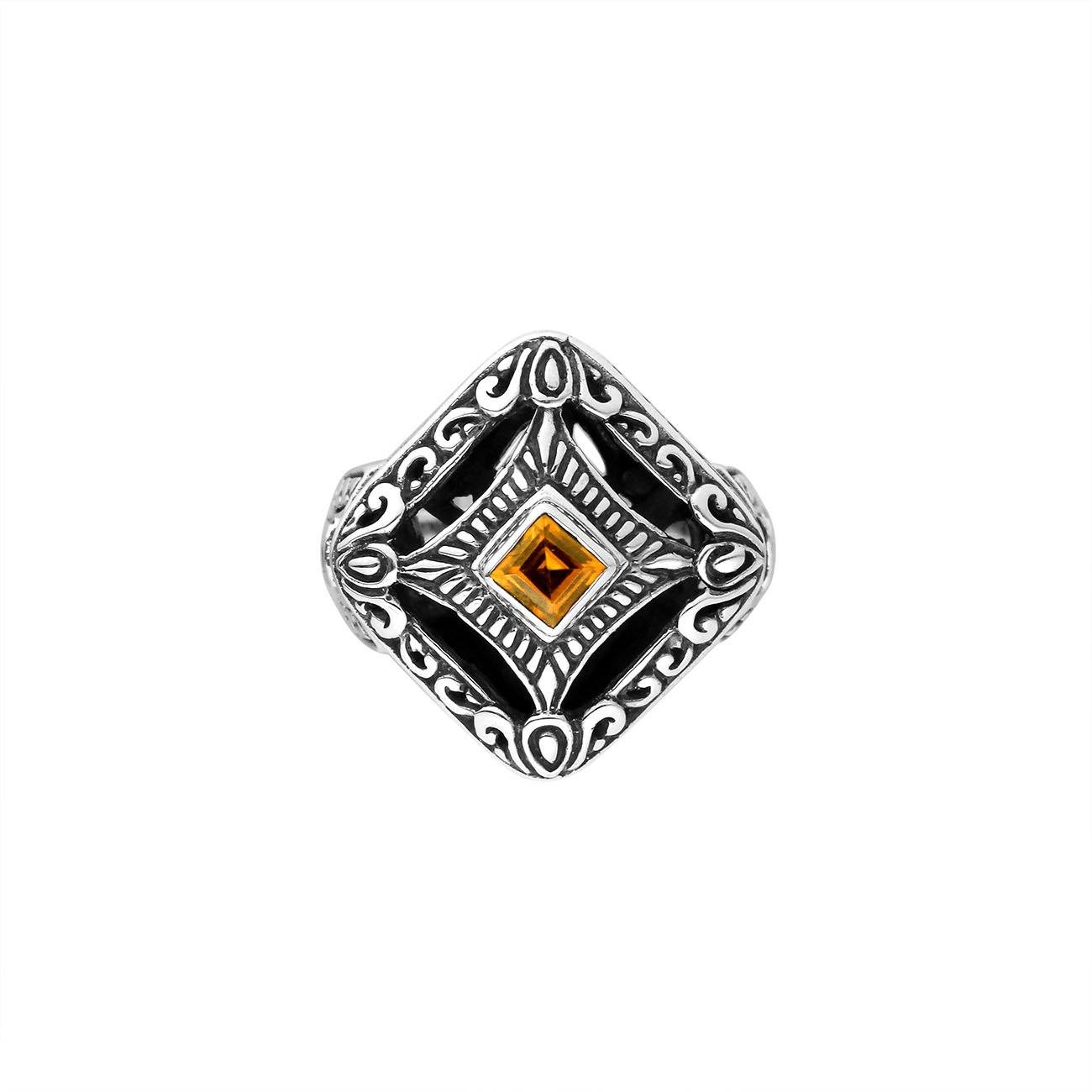 Balinese silver square face ring with Citrine Quartz centerpiece