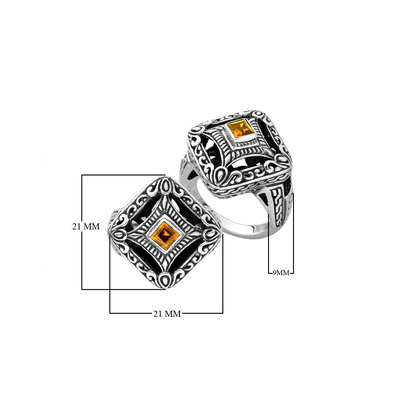 Balinese silver square face ring with Citrine Quartz centerpiece