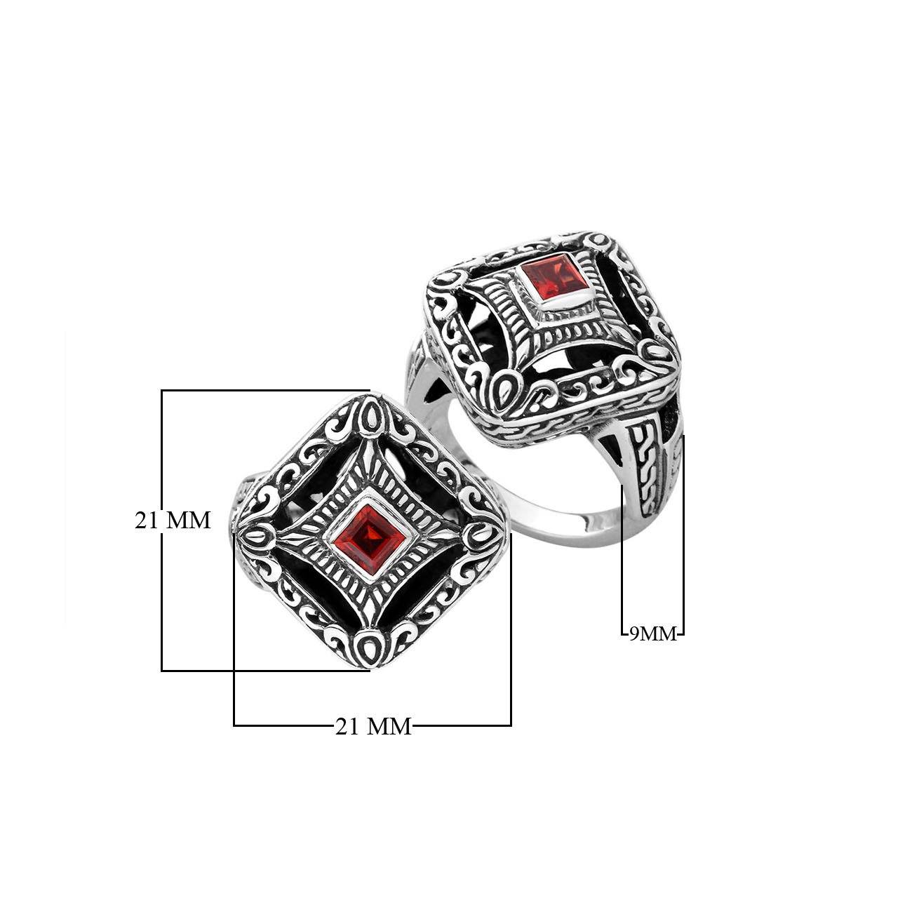 Balinese silver cushion shape ring with Garnet Quartz centerpiece
