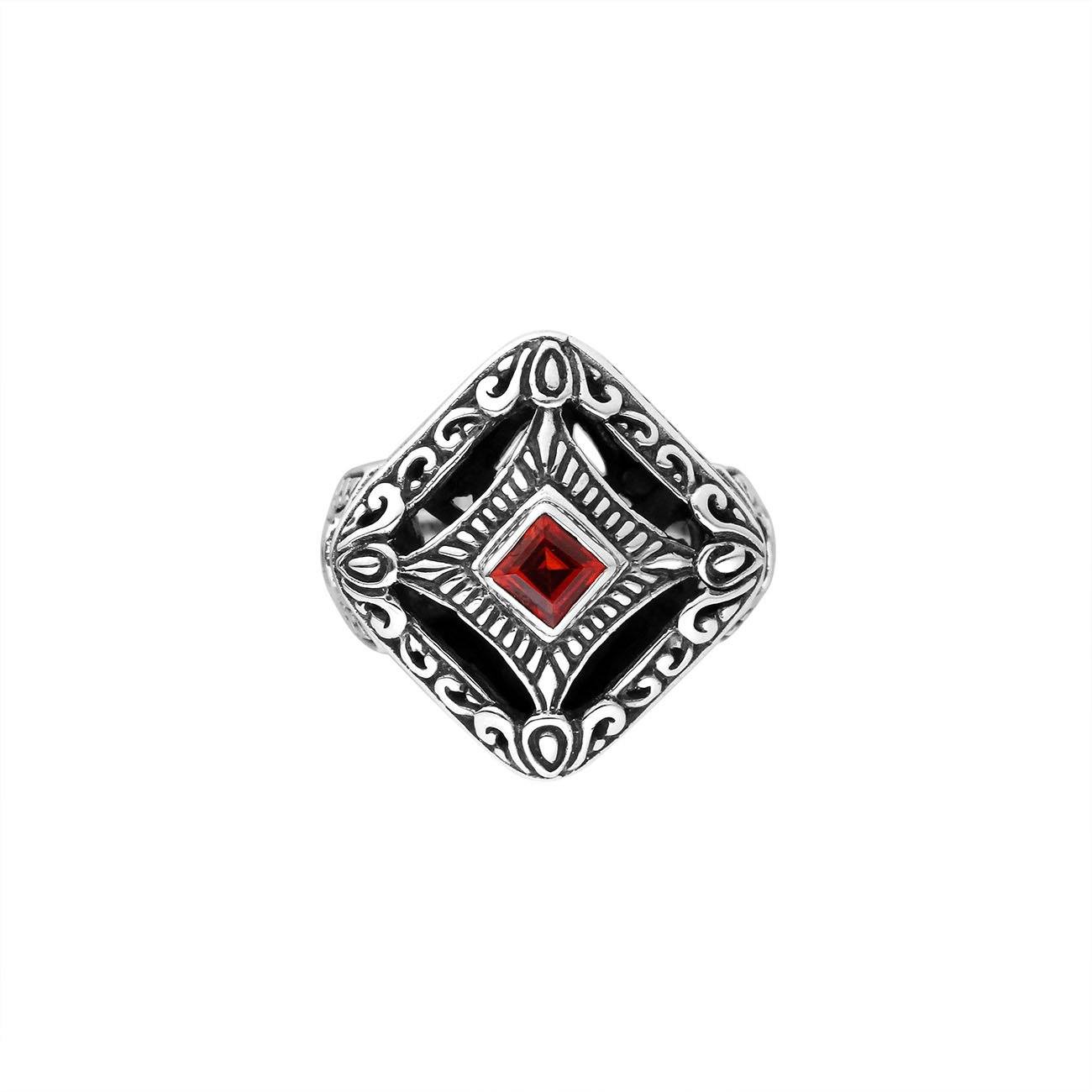 Balinese silver cushion shape ring with Garnet Quartz centerpiece