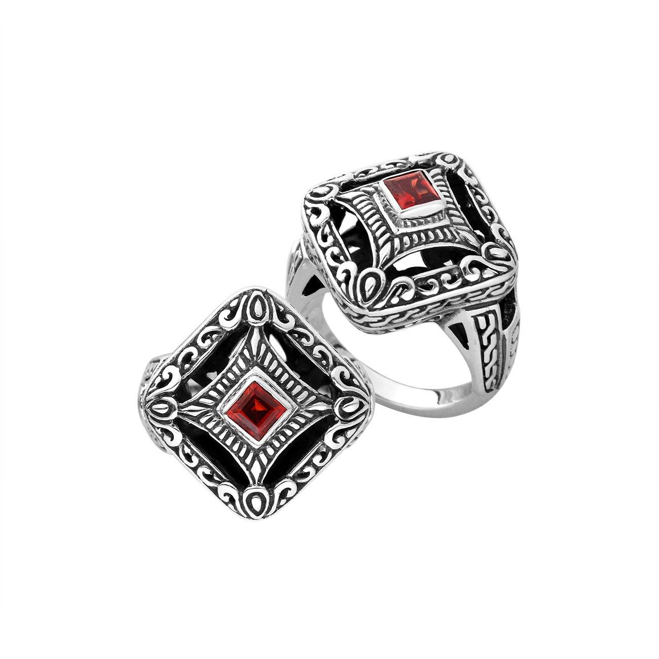 Balinese silver cushion shape ring with Garnet Quartz centerpiece