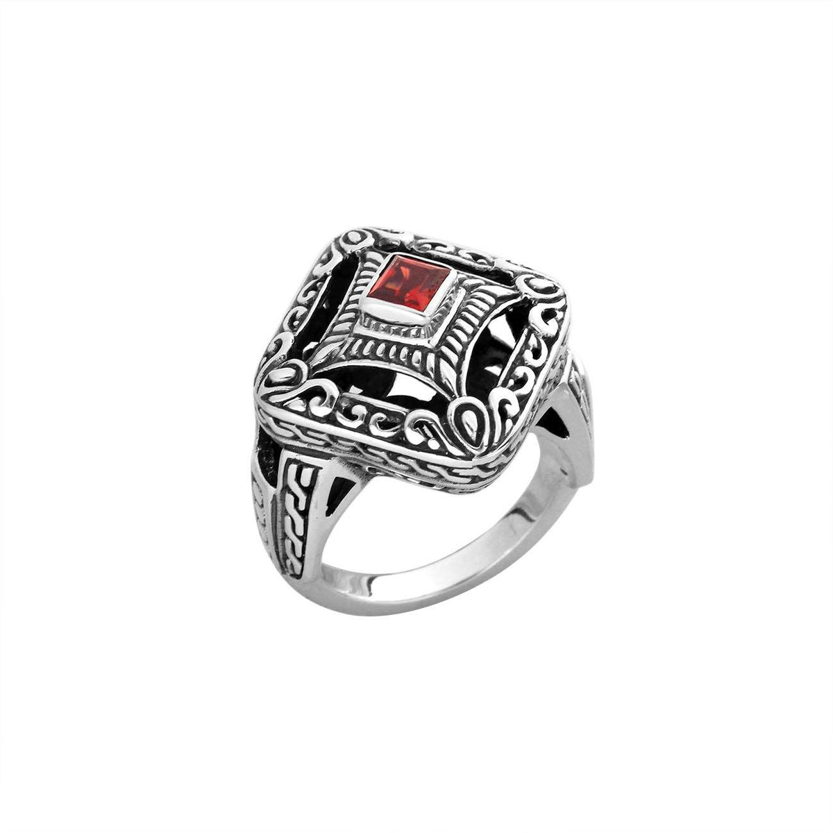 Balinese silver cushion shape ring with Garnet Quartz centerpiece