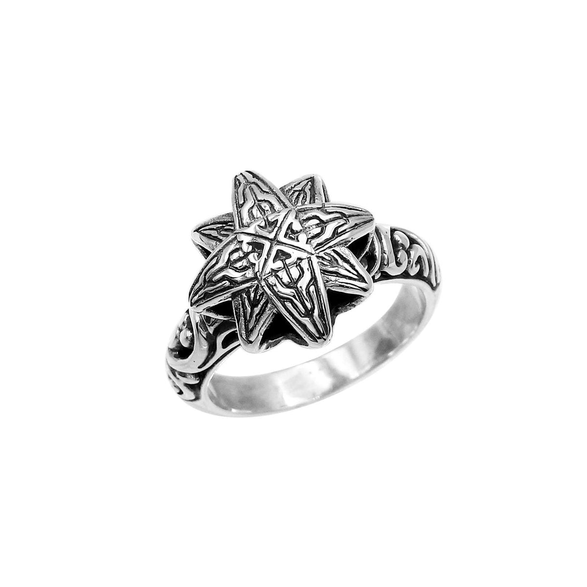 Balinese silver eight point star ring with engraved pattern