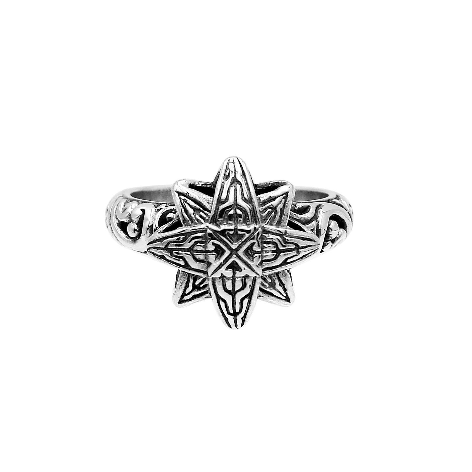 Balinese silver eight point star ring with engraved pattern