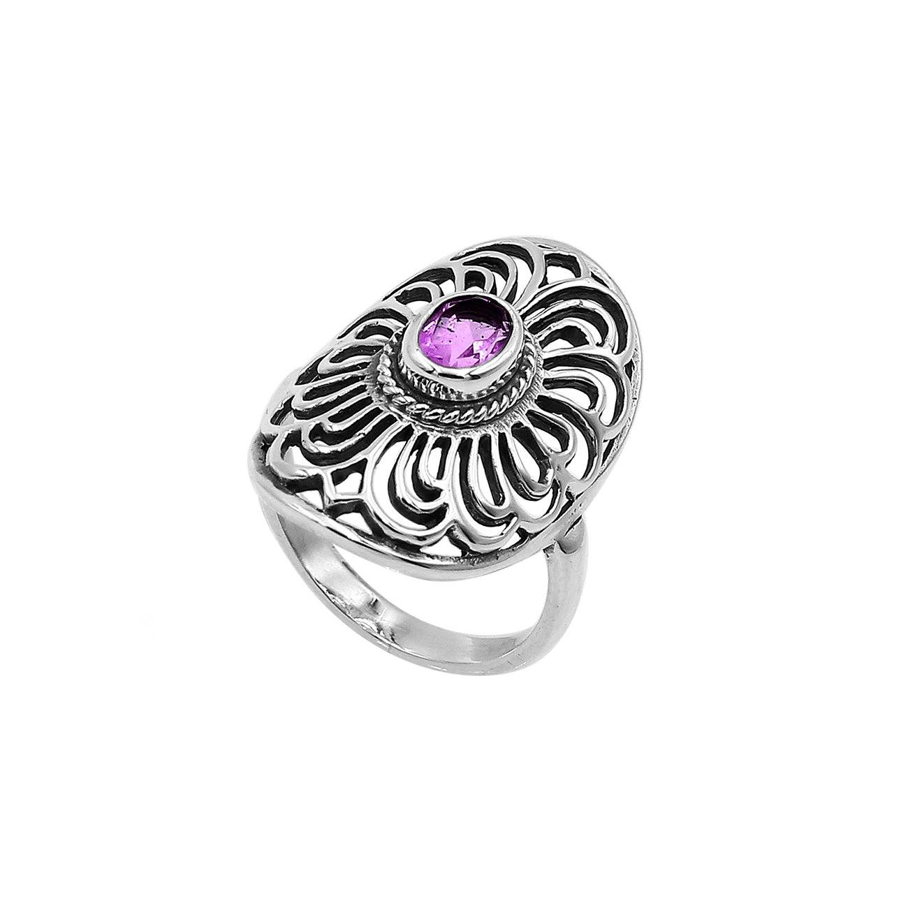 Balinese Silver Oval Shape Ring With Amethyst Quartz And Handcrafted Detailing
