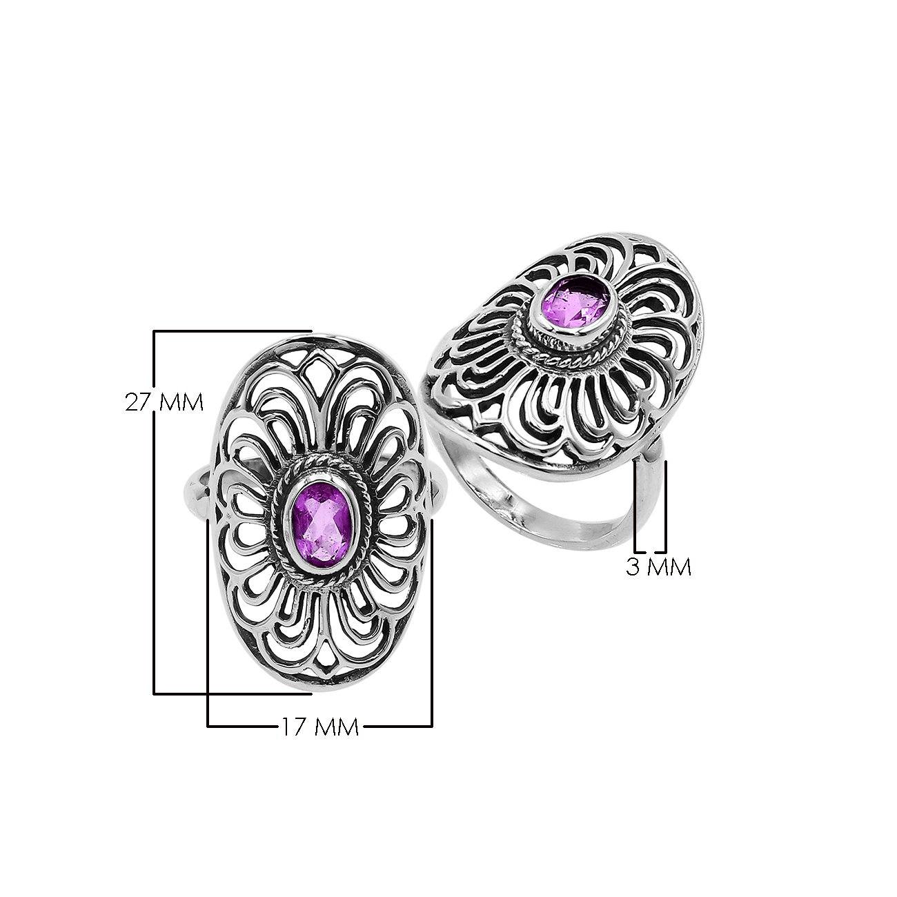 Balinese Silver Oval Shape Ring With Amethyst Quartz And Handcrafted Detailing