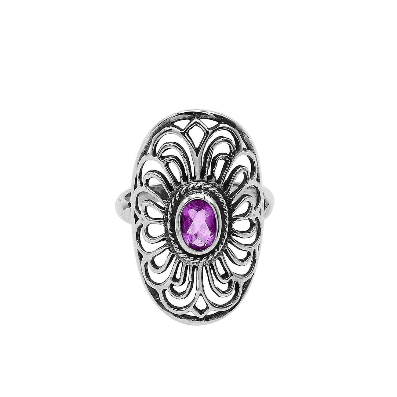 Balinese Silver Oval Shape Ring With Amethyst Quartz And Handcrafted Detailing