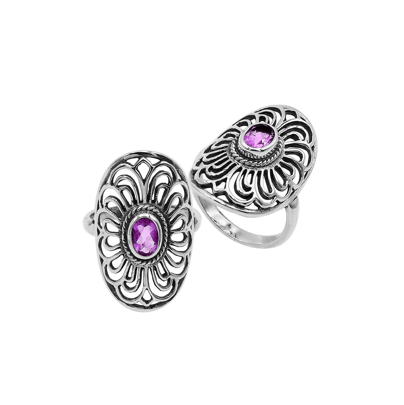 Balinese Silver Oval Shape Ring With Amethyst Quartz And Handcrafted Detailing