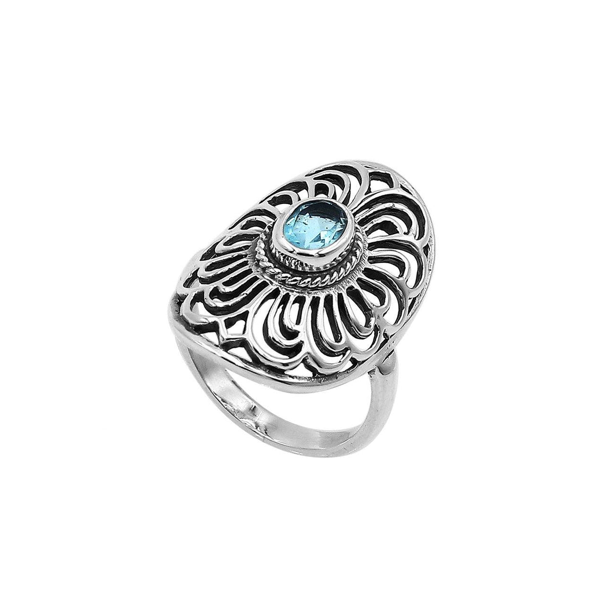 Balinese Silver Oval Shape Ring With Blue Topaz Quartz And Handcrafted Detailing