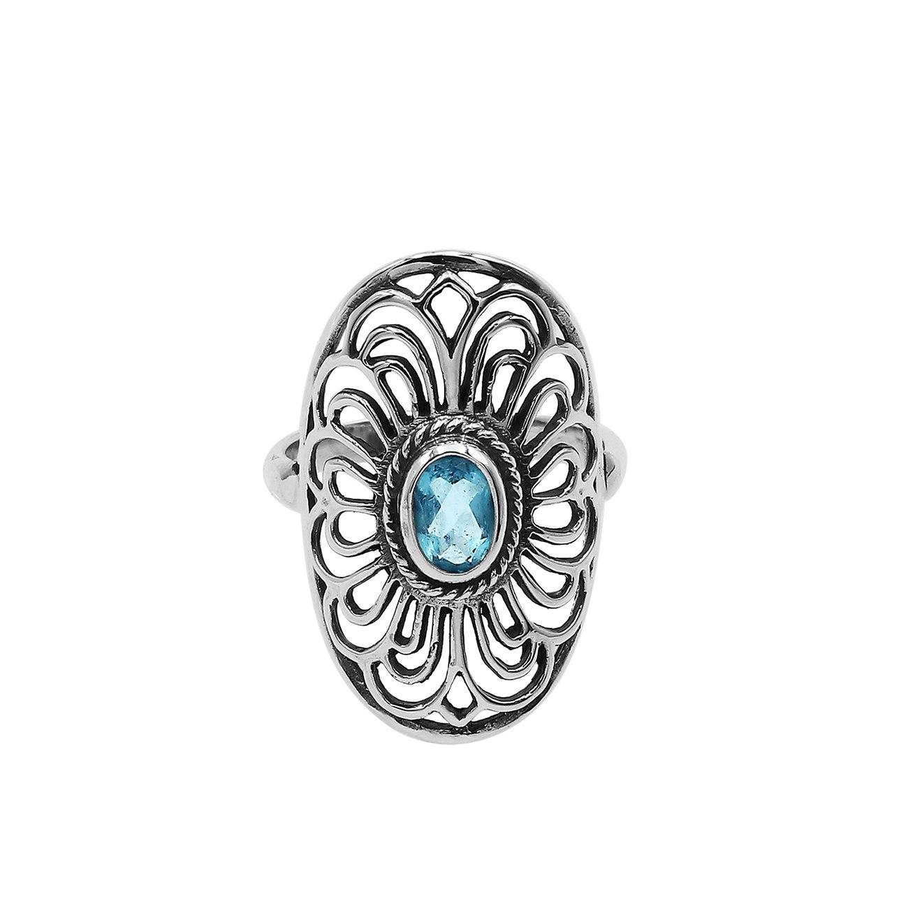 Balinese Silver Oval Shape Ring With Blue Topaz Quartz And Handcrafted Detailing