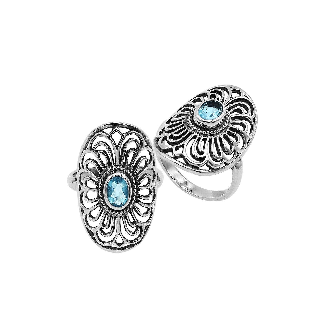 Balinese Silver Oval Shape Ring With Blue Topaz Quartz And Handcrafted Detailing