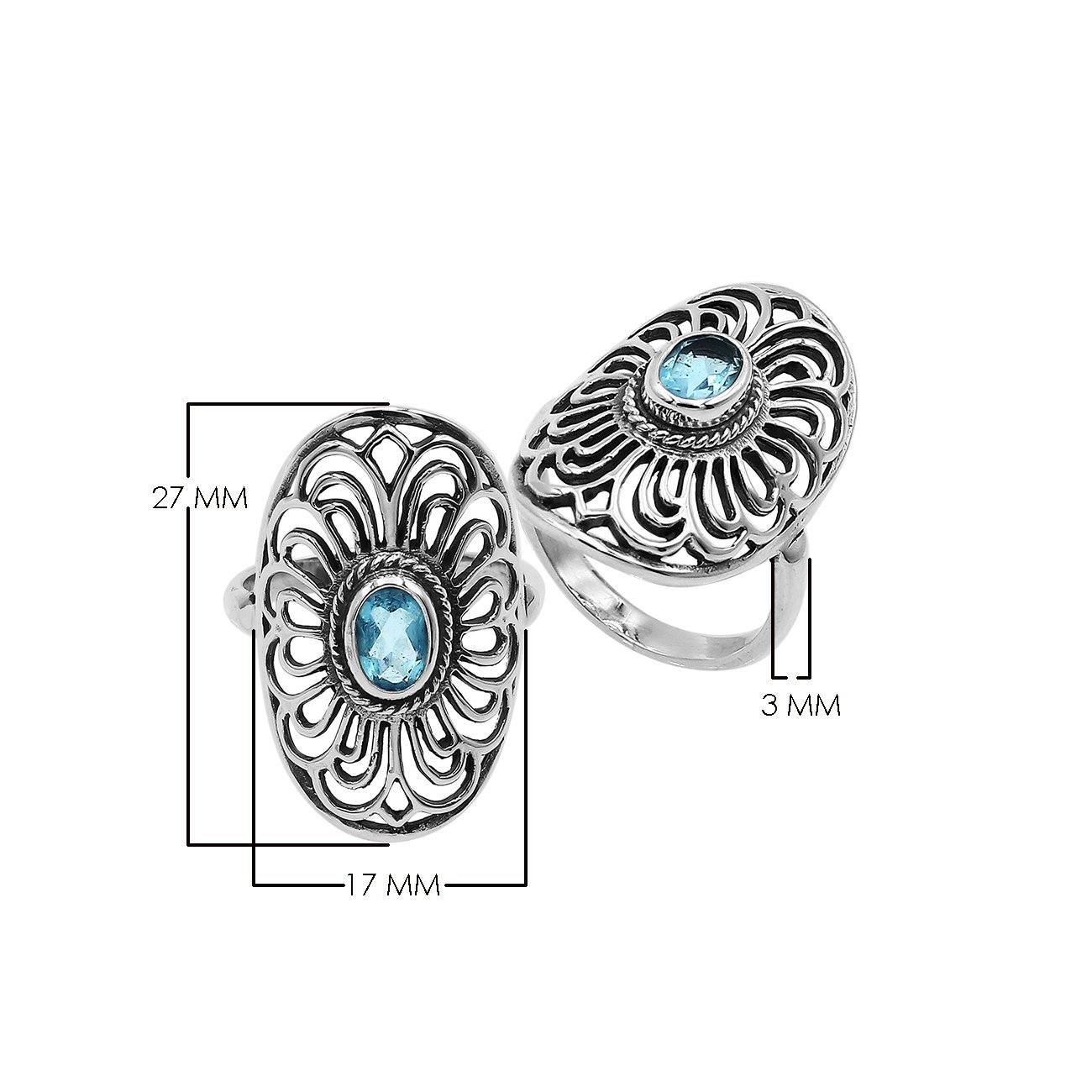 Balinese Silver Oval Shape Ring With Blue Topaz Quartz And Handcrafted Detailing