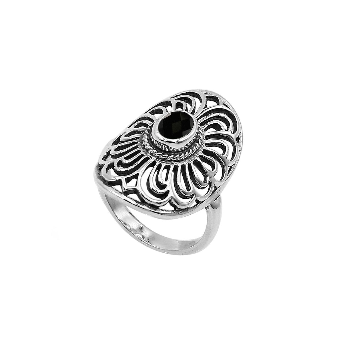 Balinese Silver Oval Shape Ring With Black Onyx Quartz And Handcrafted Detailing