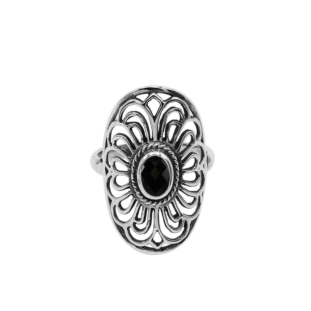 Balinese Silver Oval Shape Ring With Black Onyx Quartz And Handcrafted Detailing