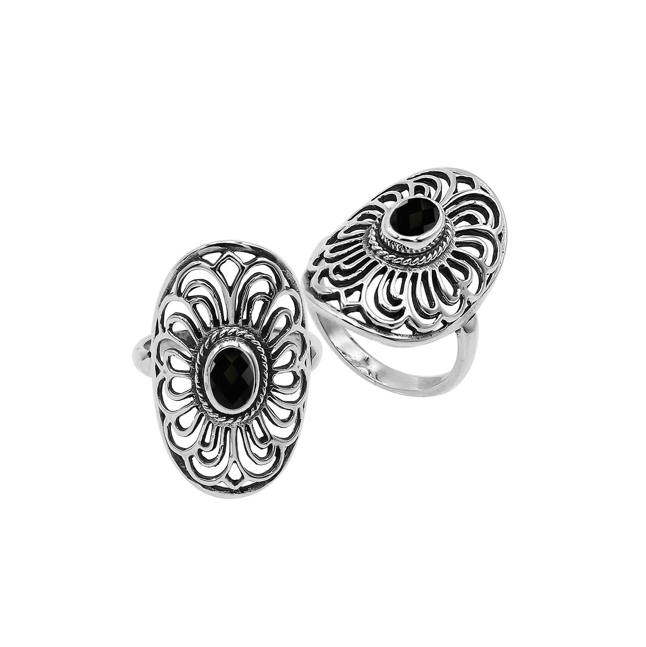 Balinese Silver Oval Shape Ring With Black Onyx Quartz And Handcrafted Detailing
