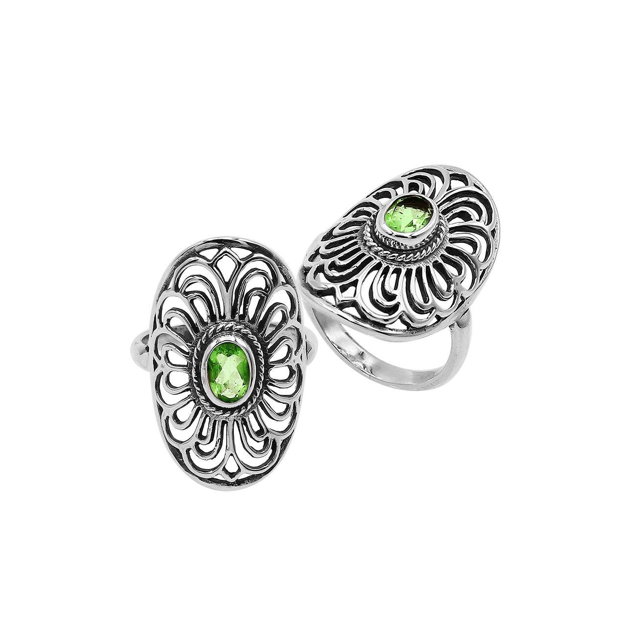 Balinese Silver Oval Shape Ring With Peridot Quartz And Handcrafted Detailing