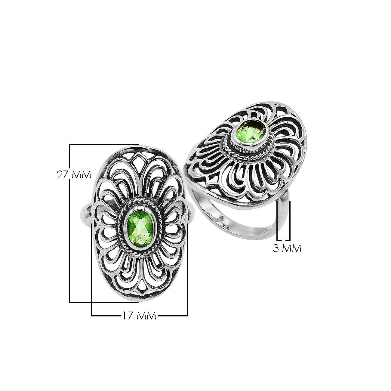 Balinese Silver Oval Shape Ring With Peridot Quartz And Handcrafted Detailing