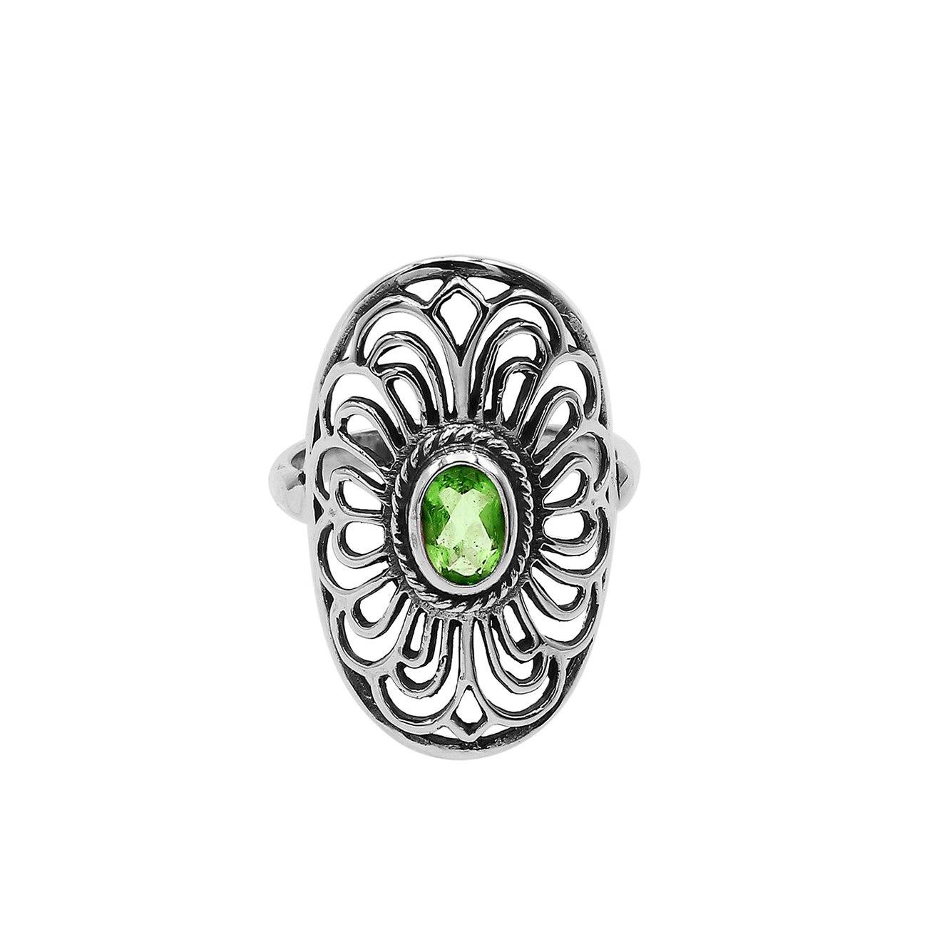 Balinese Silver Oval Shape Ring With Peridot Quartz And Handcrafted Detailing