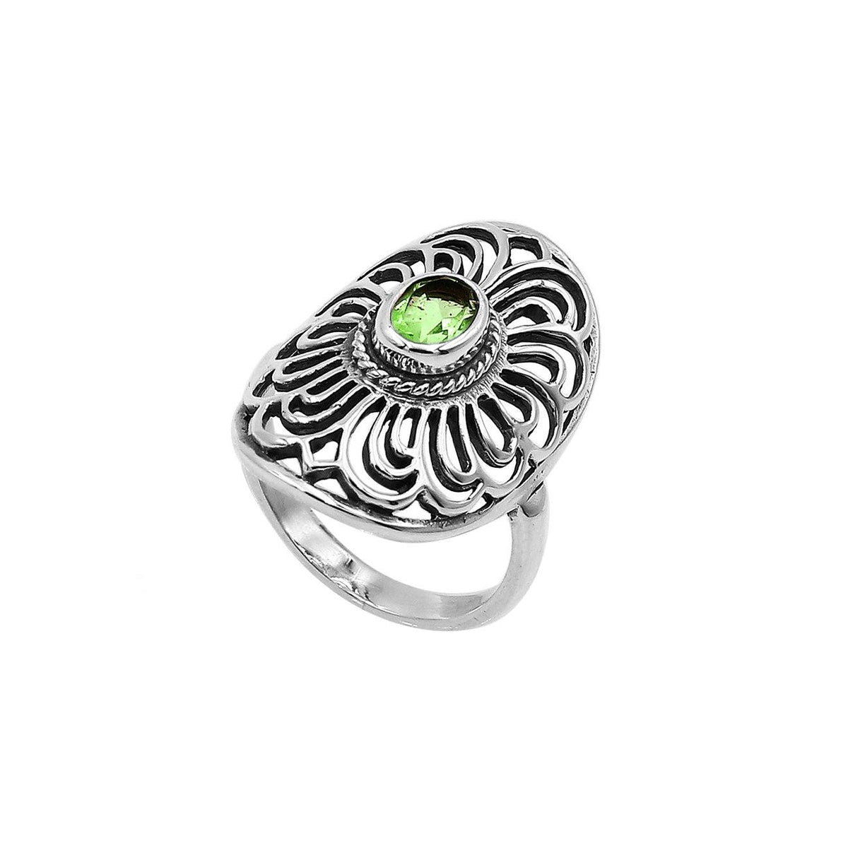 Balinese Silver Oval Shape Ring With Peridot Quartz And Handcrafted Detailing