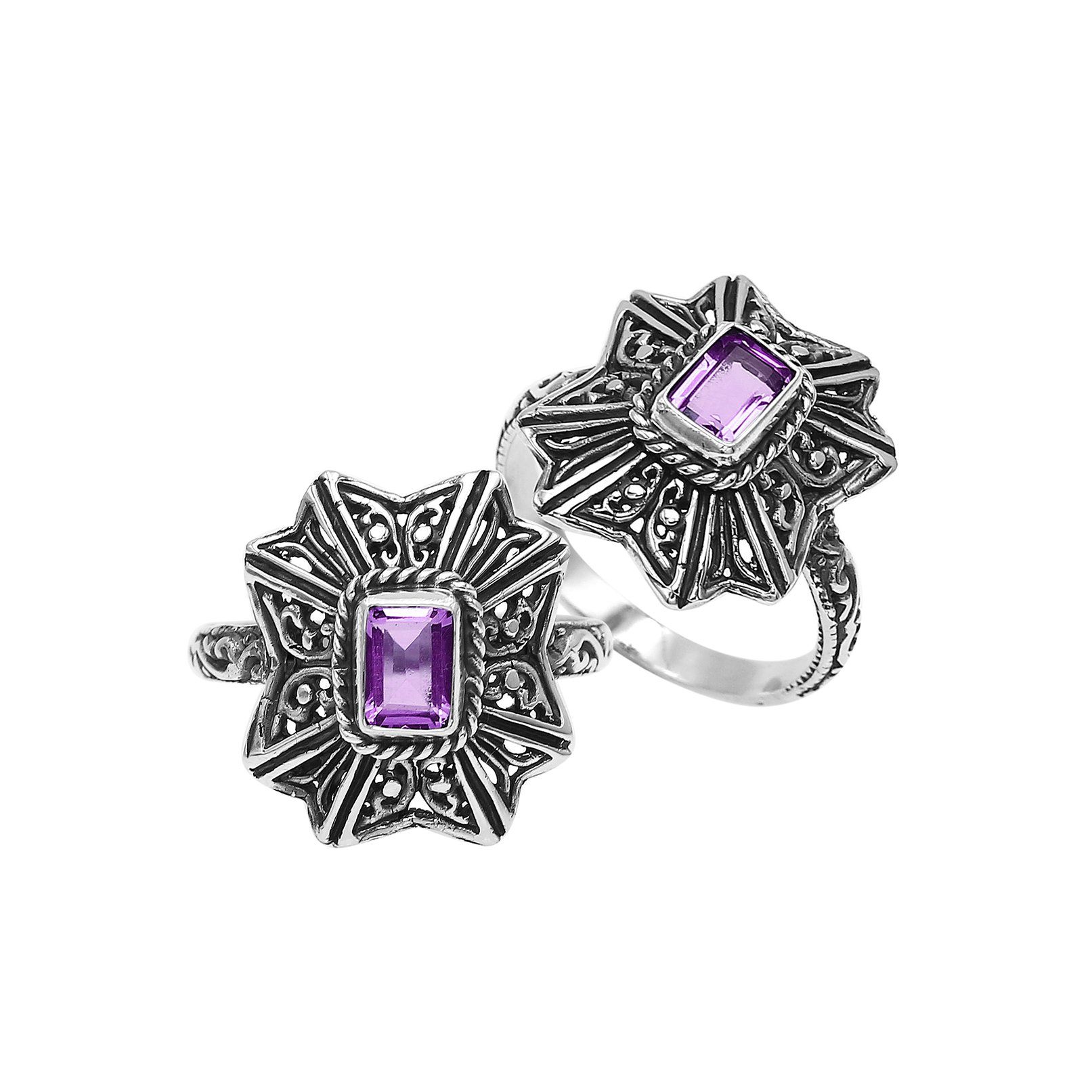 Balinese Silver Designer Ring With Amethyst Quartz And Handcrafted Detailing