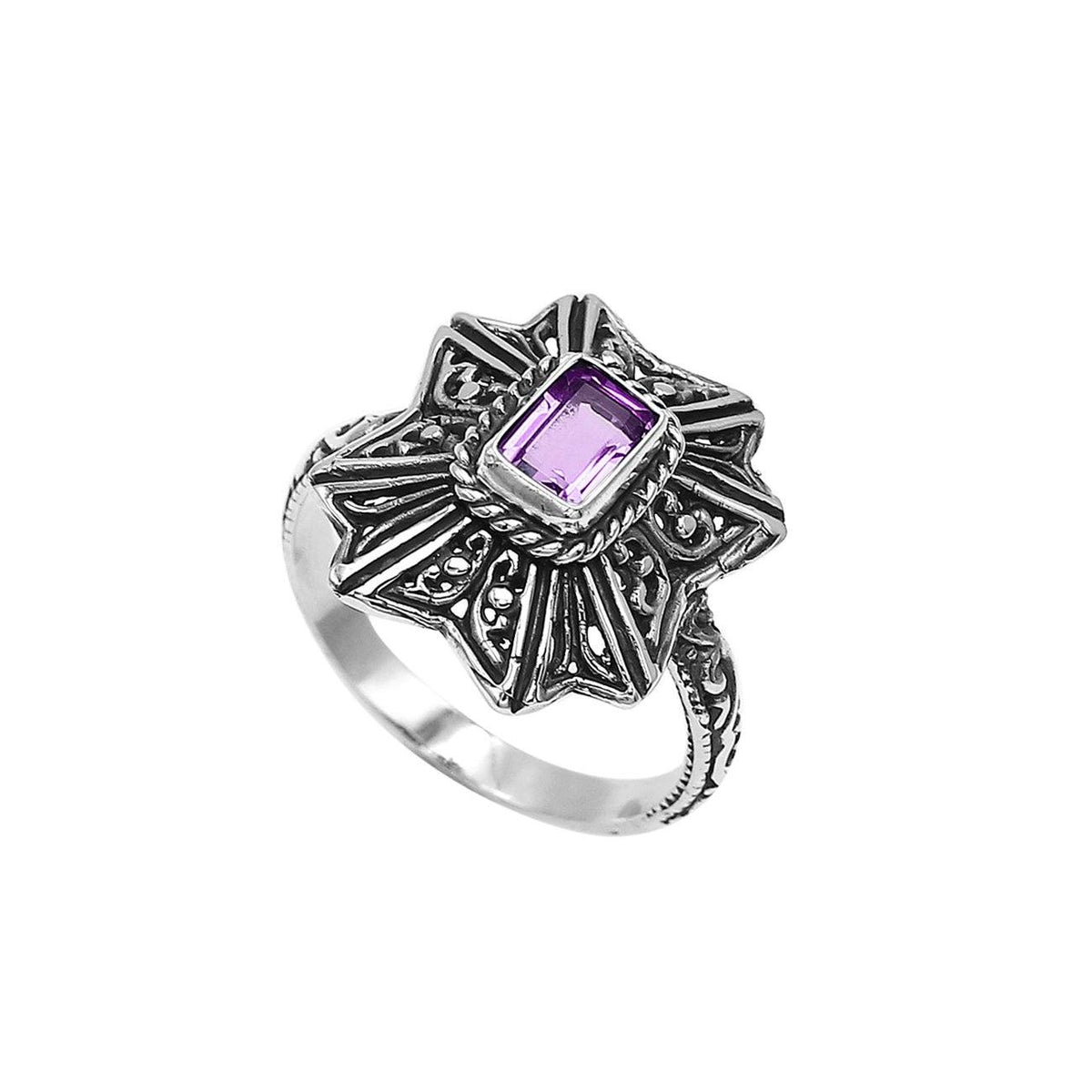 Balinese Silver Designer Ring With Amethyst Quartz And Handcrafted Detailing