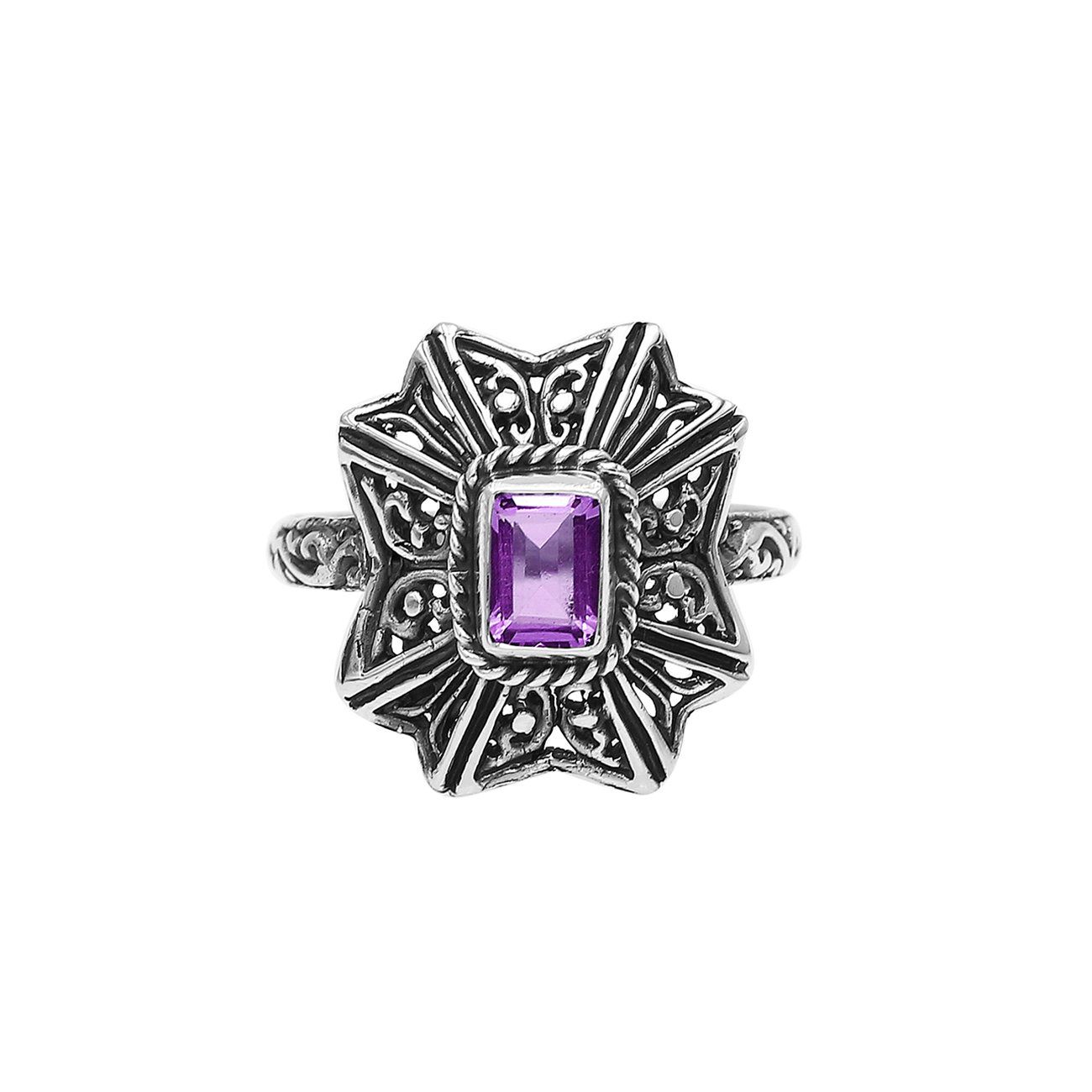 Balinese Silver Designer Ring With Amethyst Quartz And Handcrafted Detailing