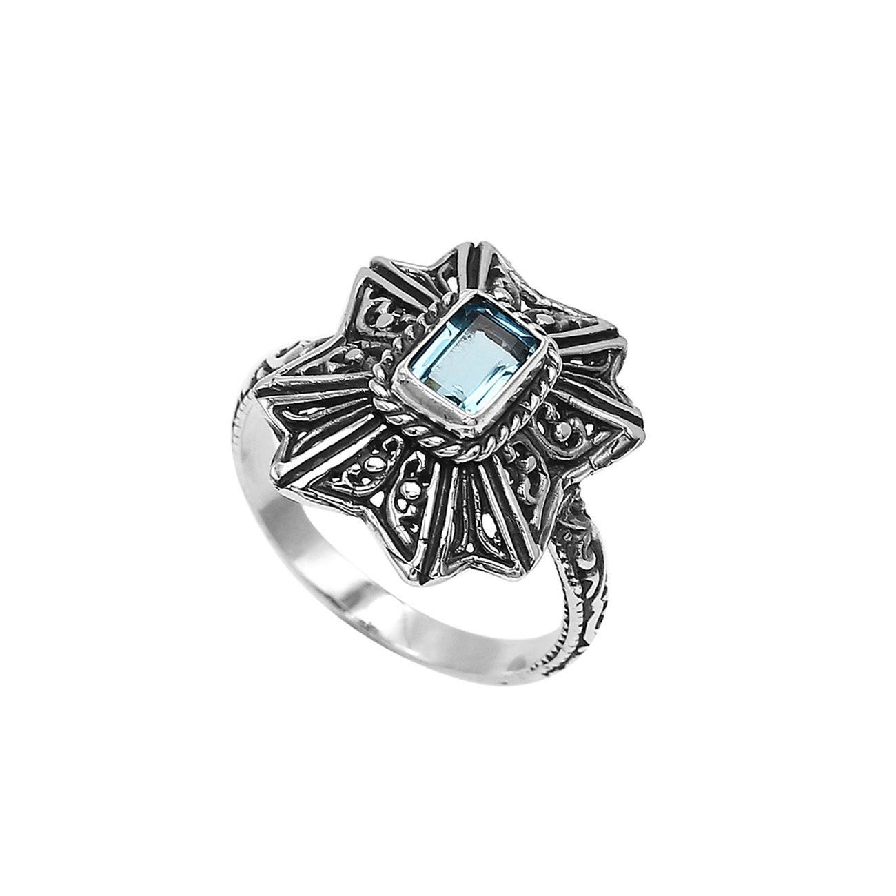 Sterling Silver Balinese Handcrafted Ring With Blue Topaz Quartz And Designer Detailing