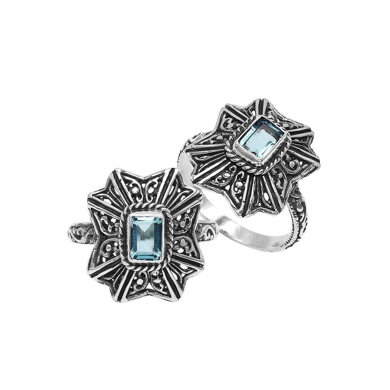Sterling Silver Balinese Handcrafted Ring With Blue Topaz Quartz And Designer Detailing