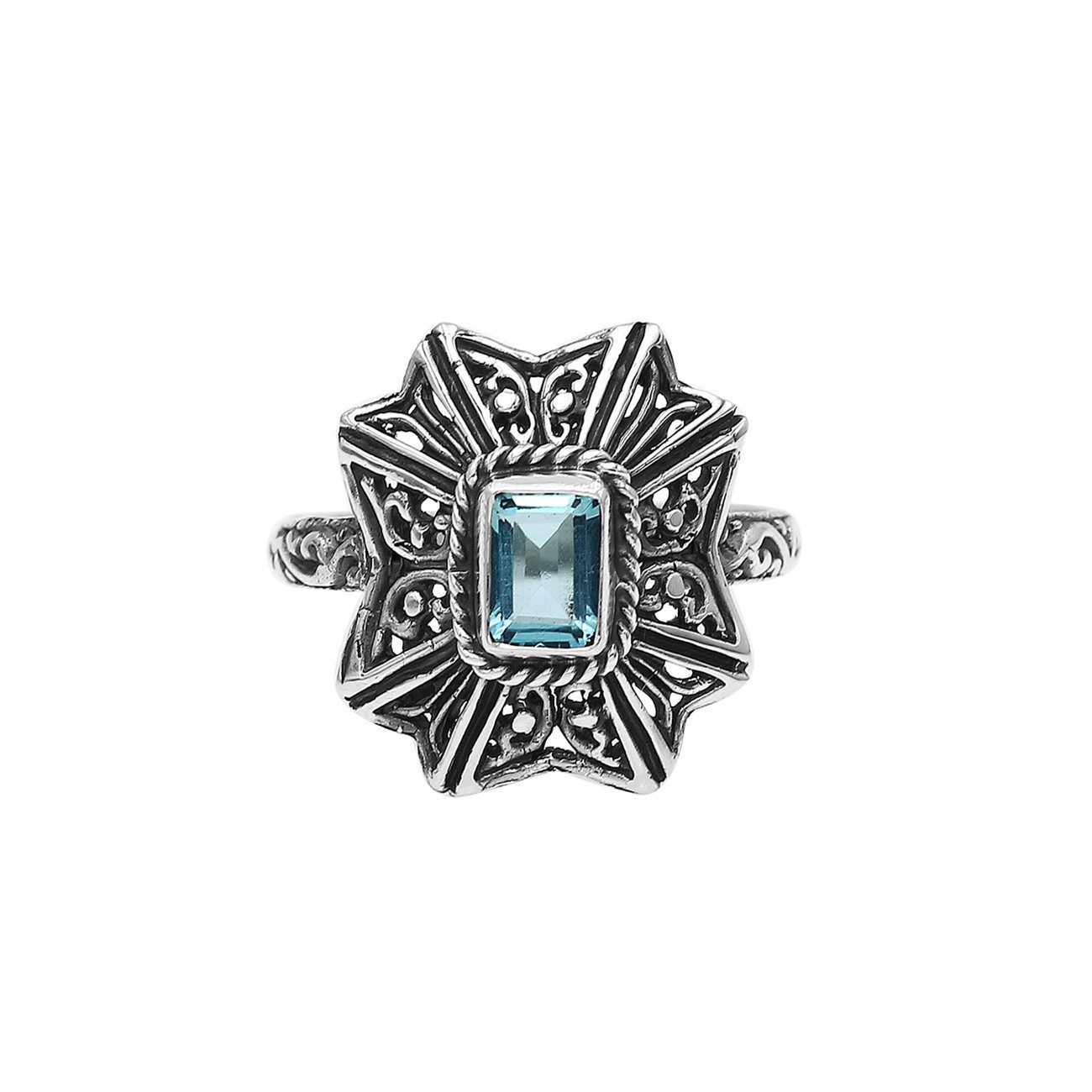 Sterling Silver Balinese Handcrafted Ring With Blue Topaz Quartz And Designer Detailing