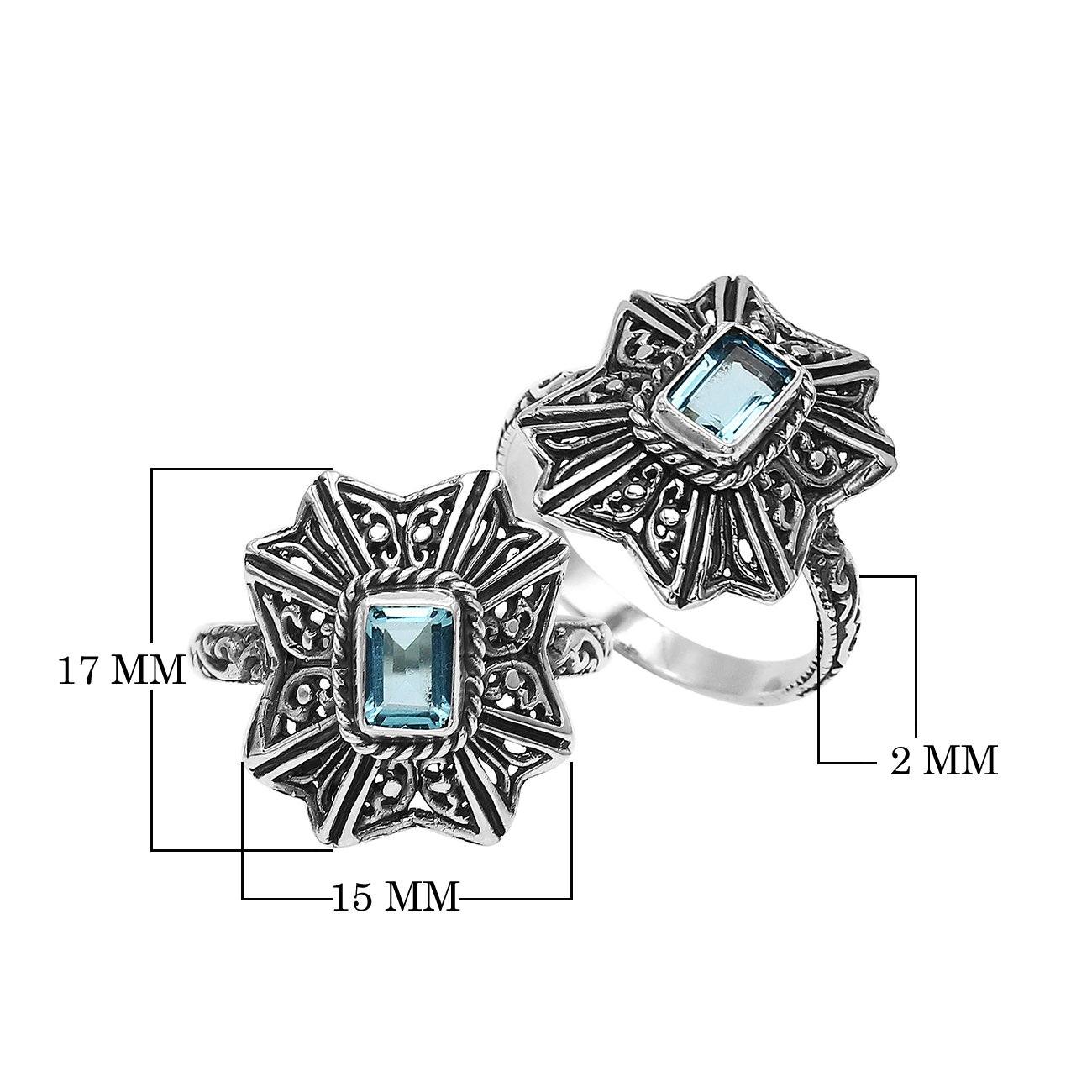 Sterling Silver Balinese Handcrafted Ring With Blue Topaz Quartz And Designer Detailing