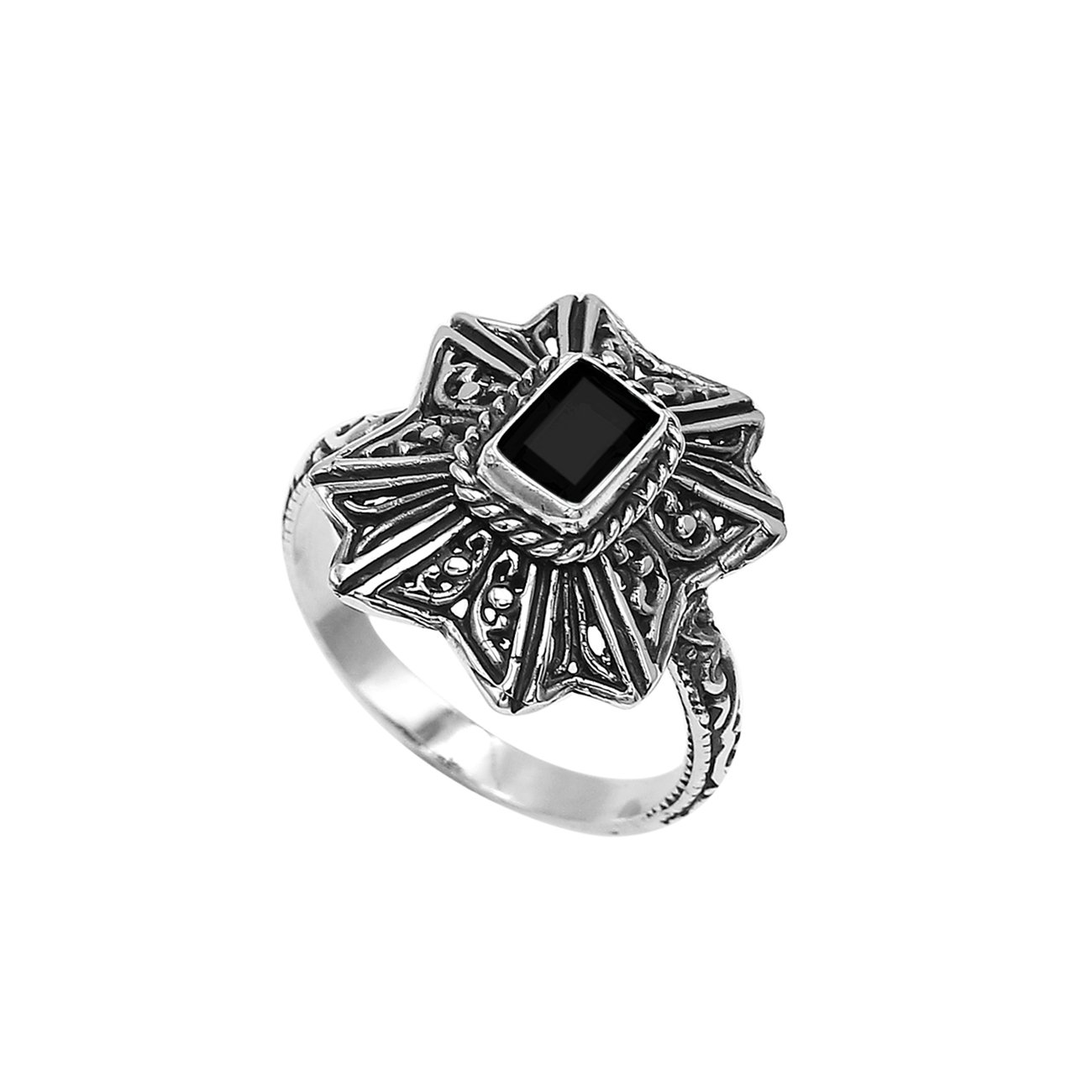 Sterling Silver Balinese Handcrafted Ring With Black Onyx Quartz And Designer Detailing
