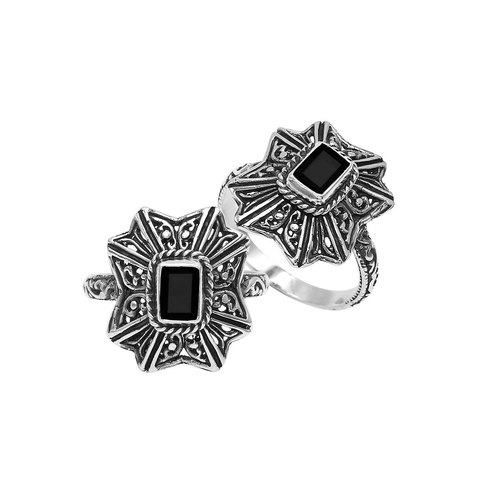 Sterling Silver Balinese Handcrafted Ring With Black Onyx Quartz And Designer Detailing
