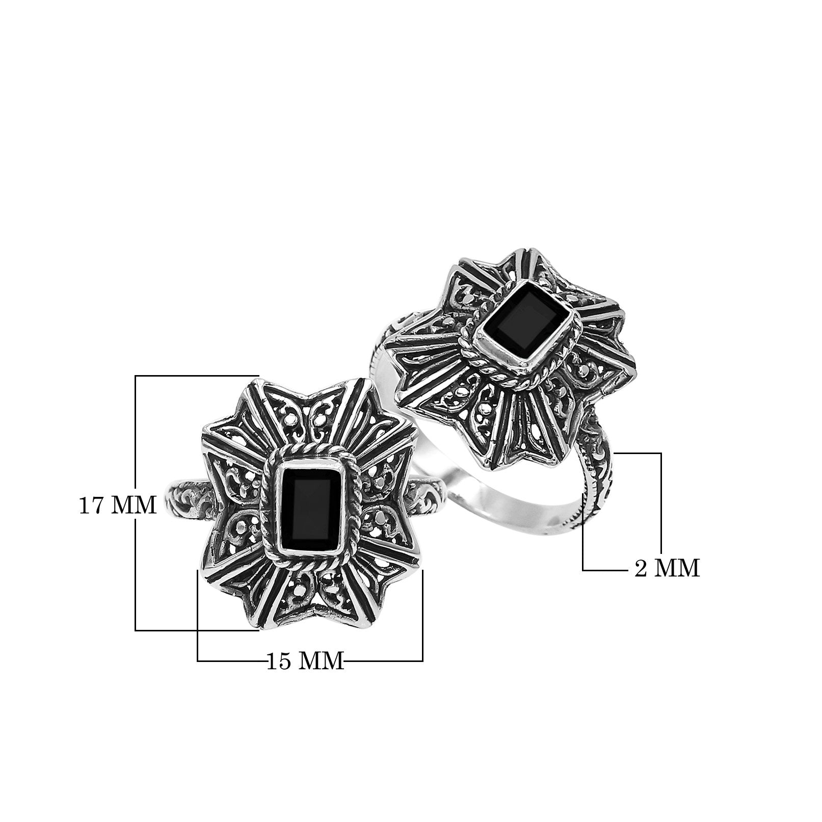 Sterling Silver Balinese Handcrafted Ring With Black Onyx Quartz And Designer Detailing