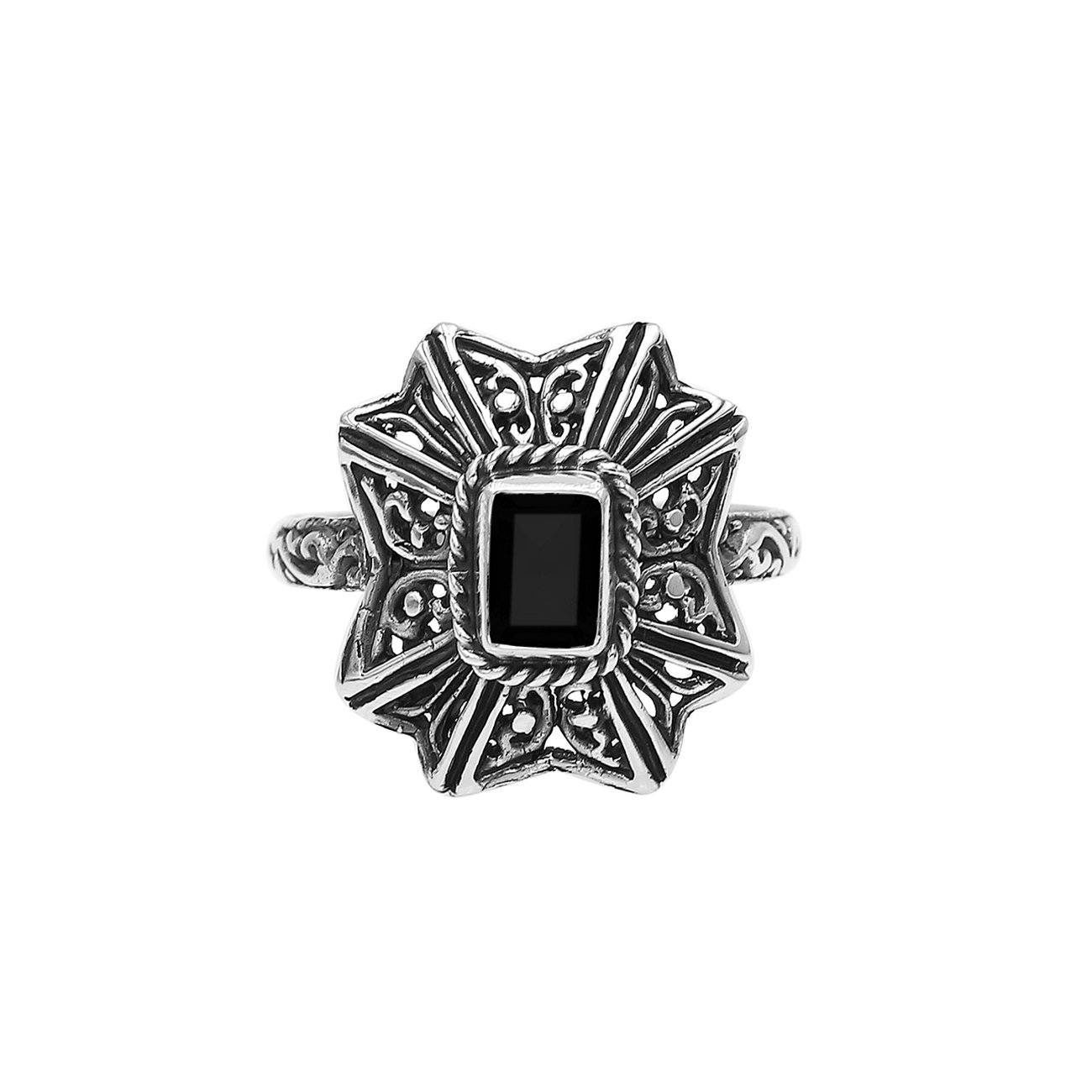 Sterling Silver Balinese Handcrafted Ring With Black Onyx Quartz And Designer Detailing