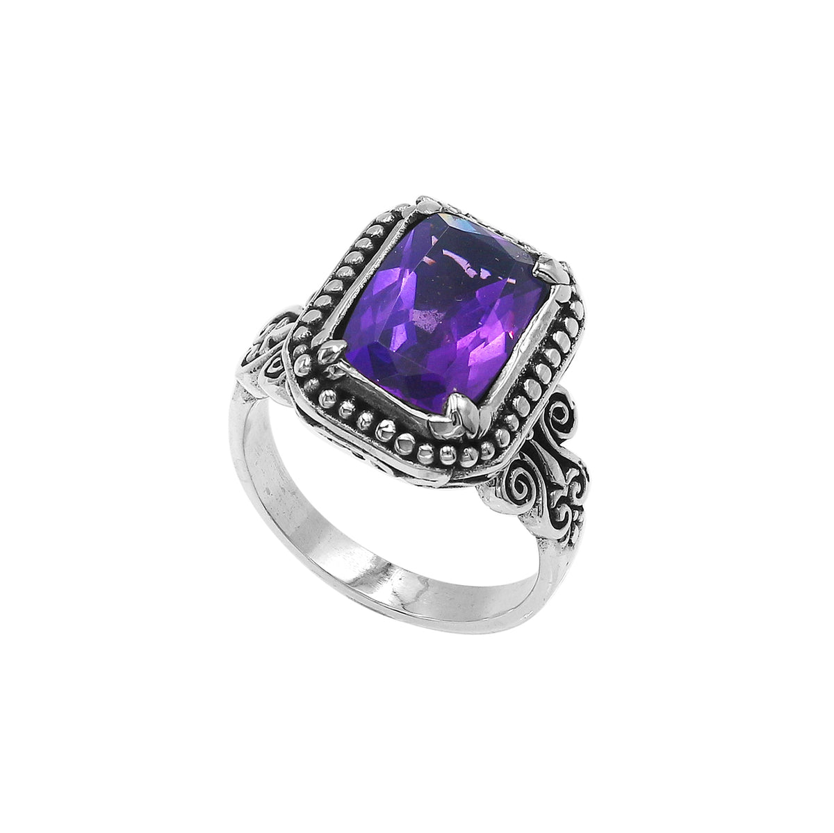 Sterling Silver Balinese Handcrafted Ring With Rectangular Amethyst Quartz And Designer Detailing