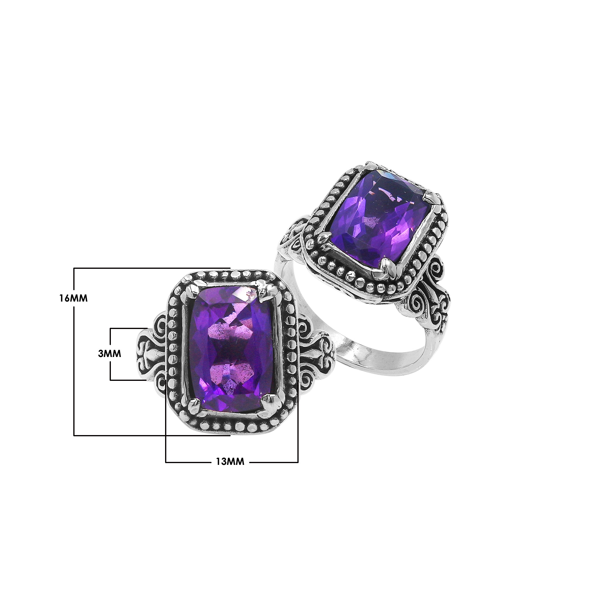 Sterling Silver Balinese Handcrafted Ring With Rectangular Amethyst Quartz And Designer Detailing