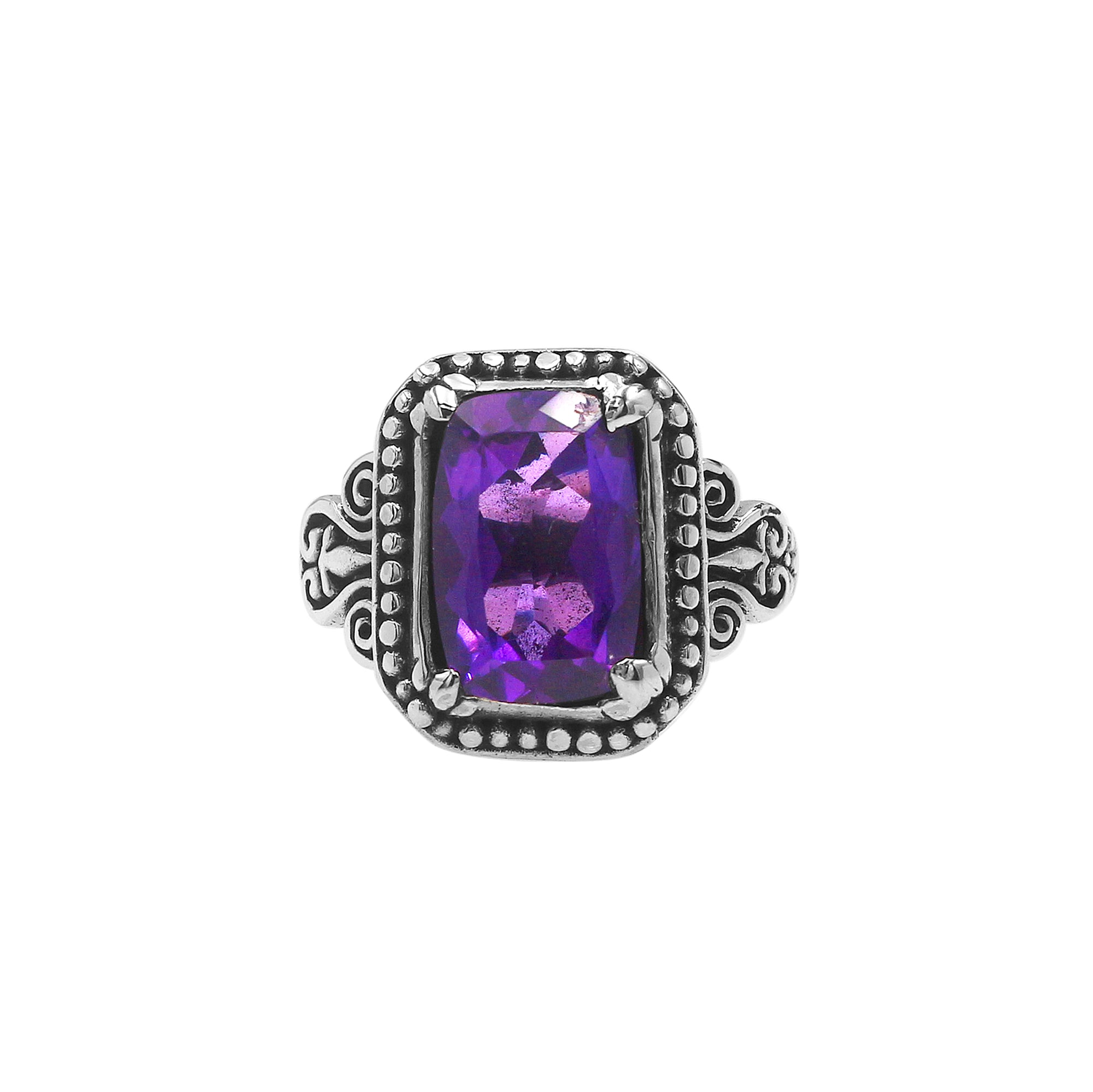 Sterling Silver Balinese Handcrafted Ring With Rectangular Amethyst Quartz And Designer Detailing