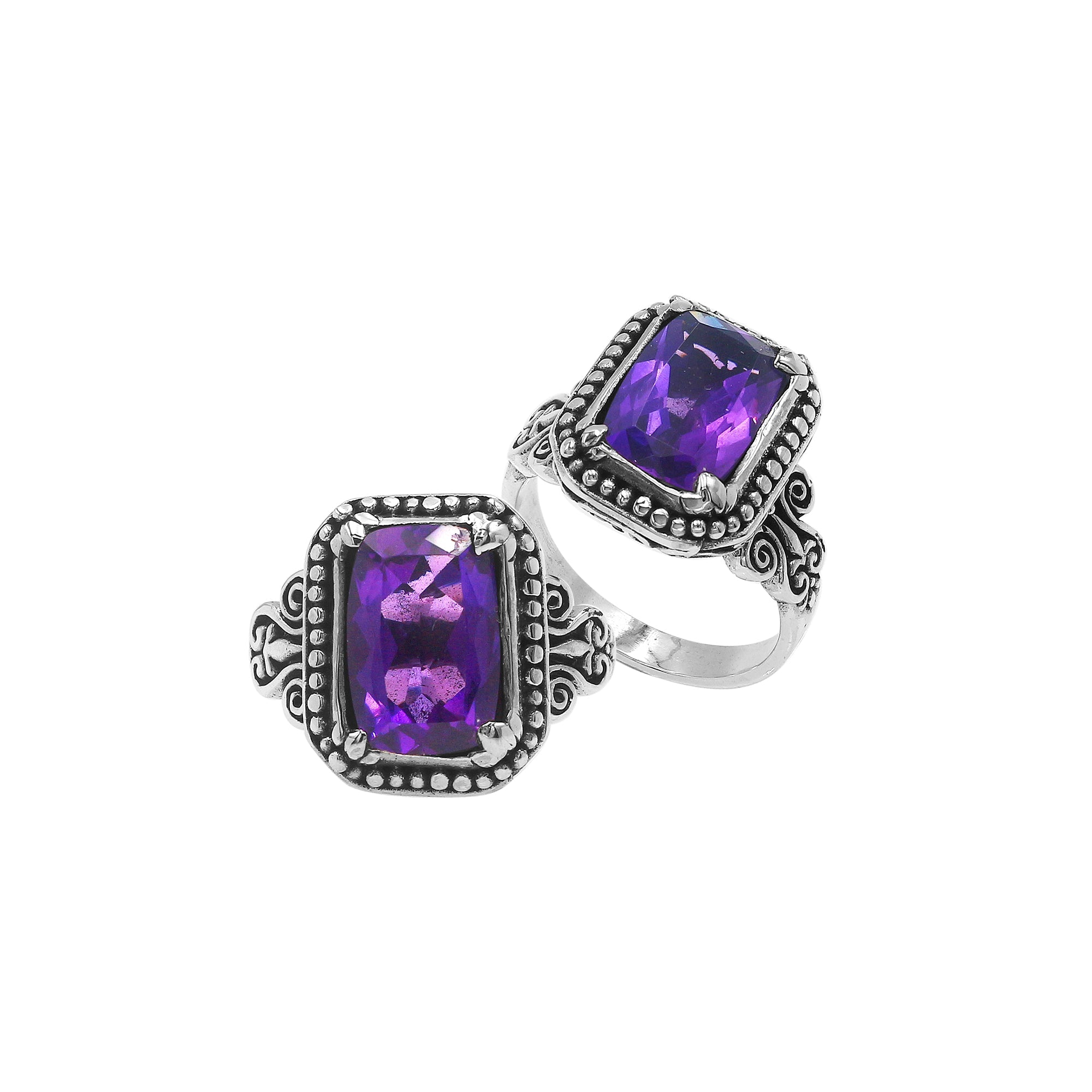 Sterling Silver Balinese Handcrafted Ring With Rectangular Amethyst Quartz And Designer Detailing