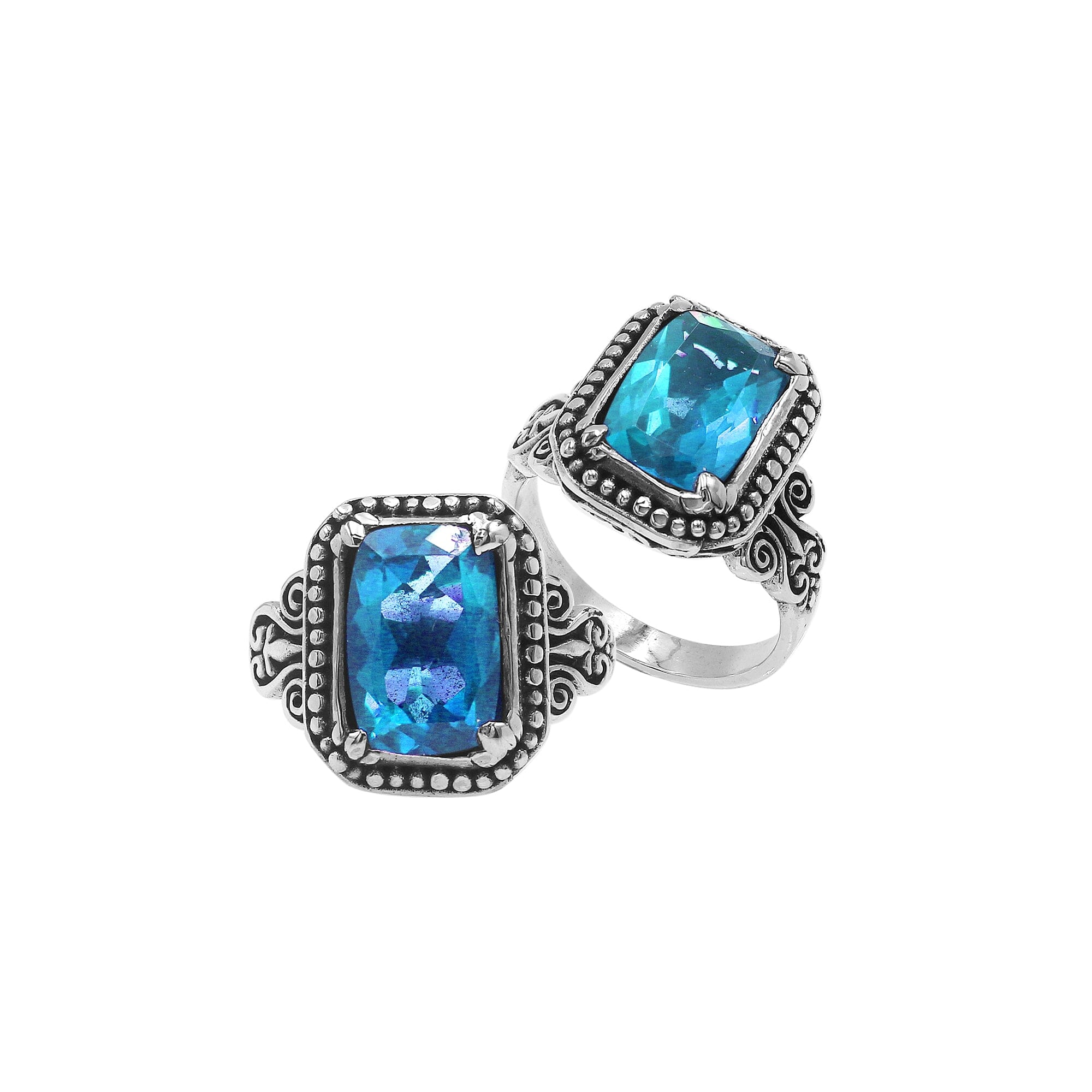 Sterling Silver Balinese Handcrafted Ring With Rectangular Blue Topaz Quartz And Designer Detailing