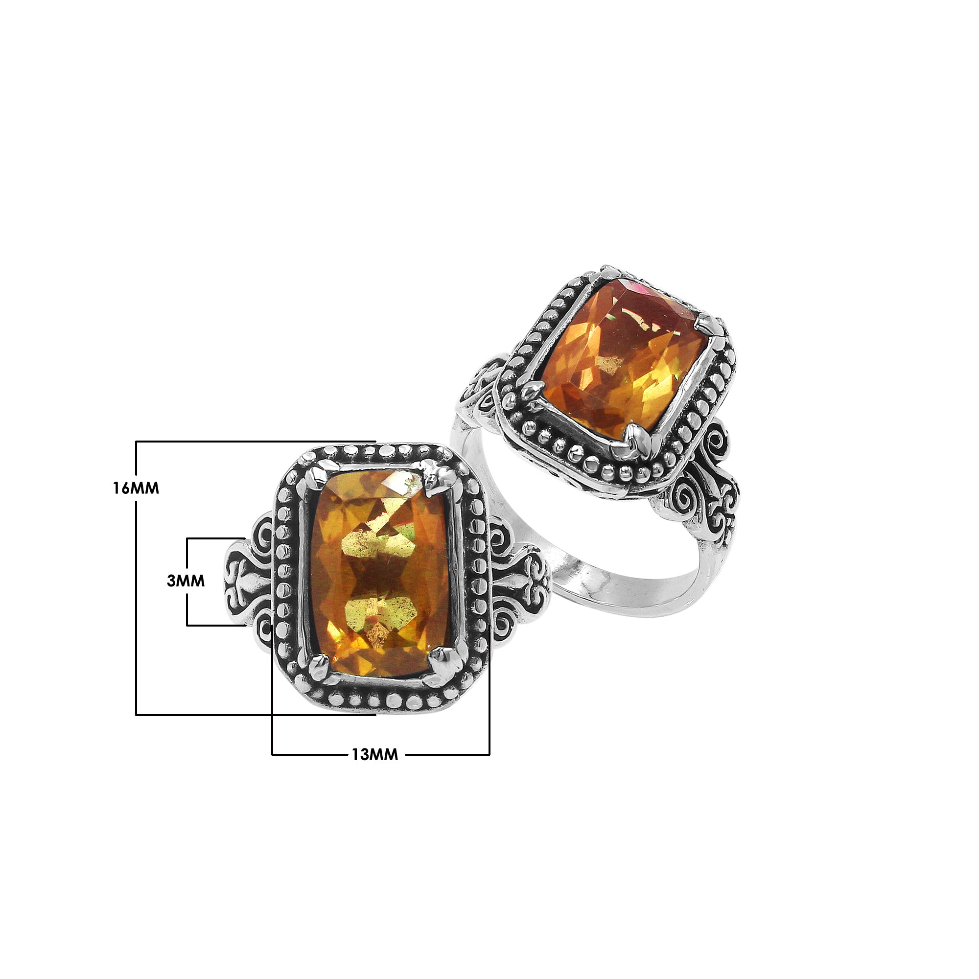 Sterling Silver Balinese Handcrafted Ring With Rectangular Citrine Quartz And Designer Detailing