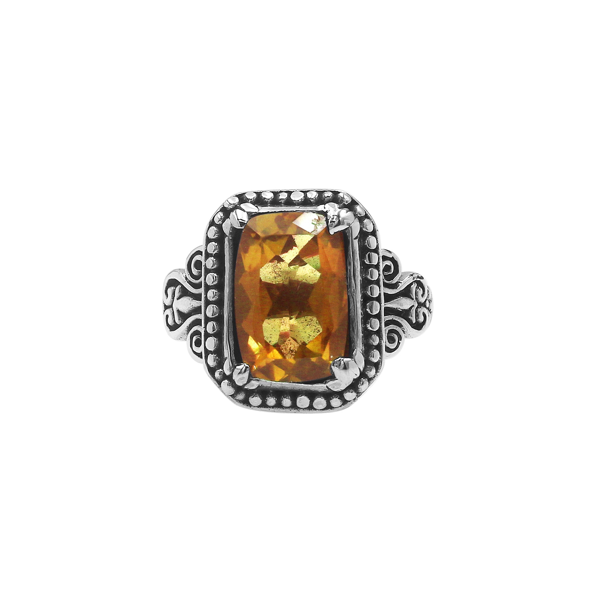 Sterling Silver Balinese Handcrafted Ring With Rectangular Citrine Quartz And Designer Detailing