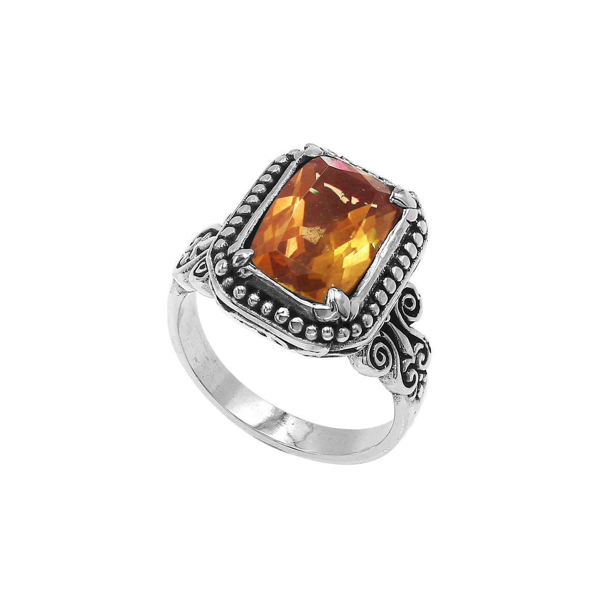 Sterling Silver Balinese Handcrafted Ring With Rectangular Citrine Quartz And Designer Detailing