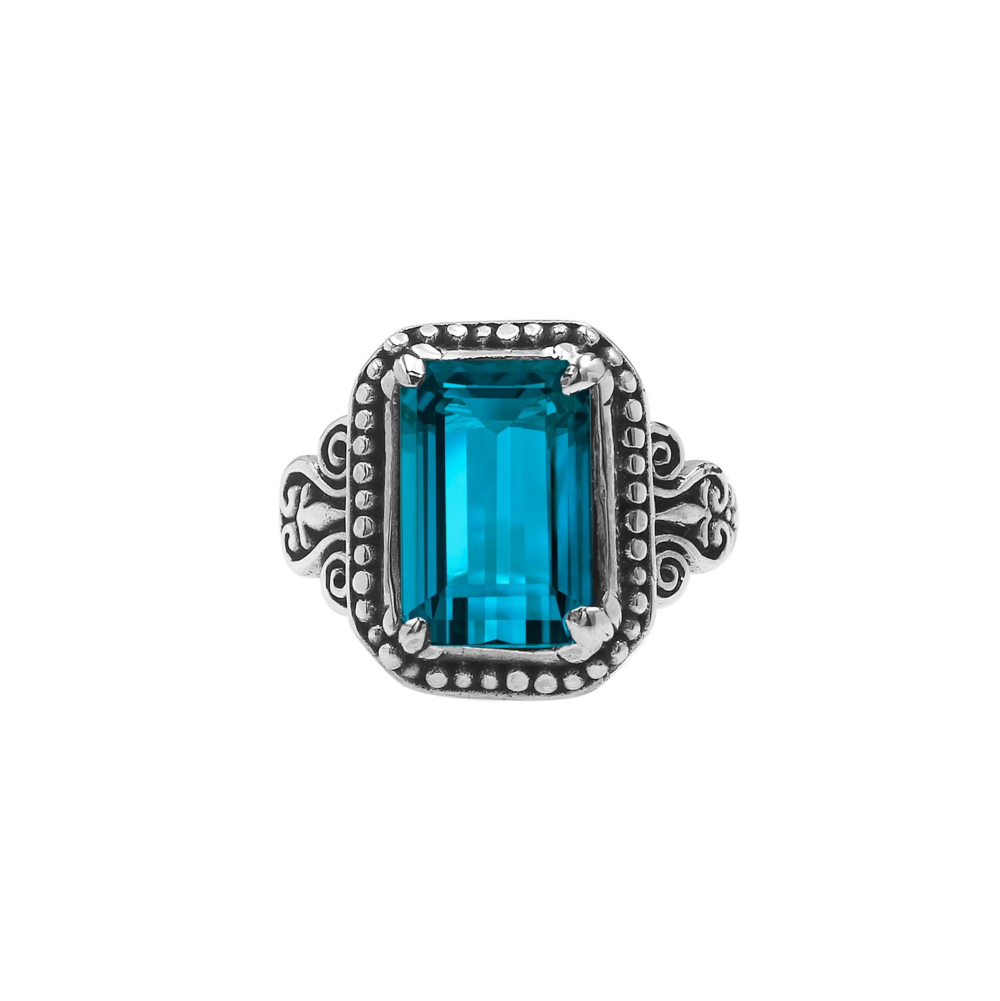 Sterling Silver Balinese Handcrafted Ring With Rectangular London Blue Topaz Quartz And Designer Detailing