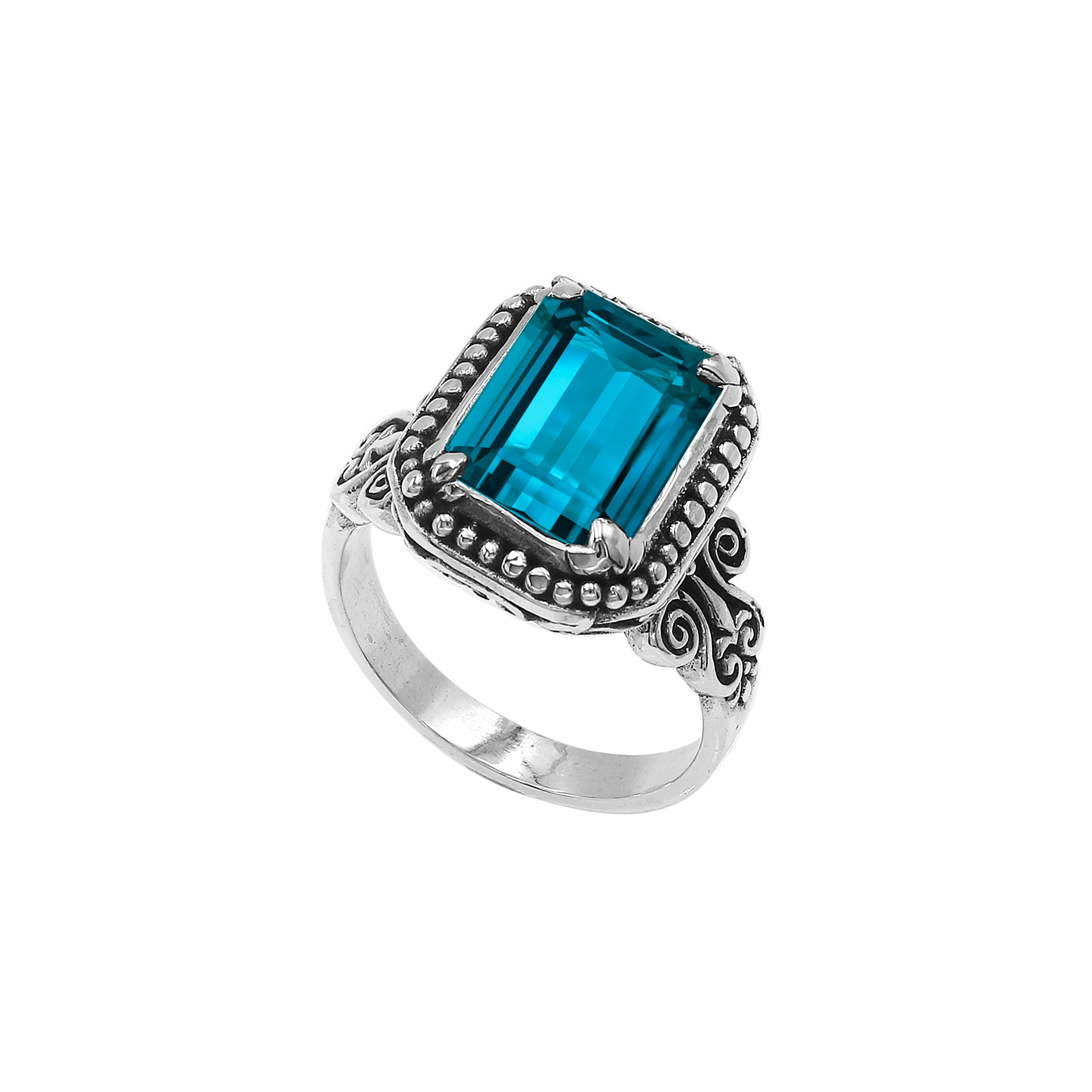 Sterling Silver Balinese Handcrafted Ring With Rectangular London Blue Topaz Quartz And Designer Detailing